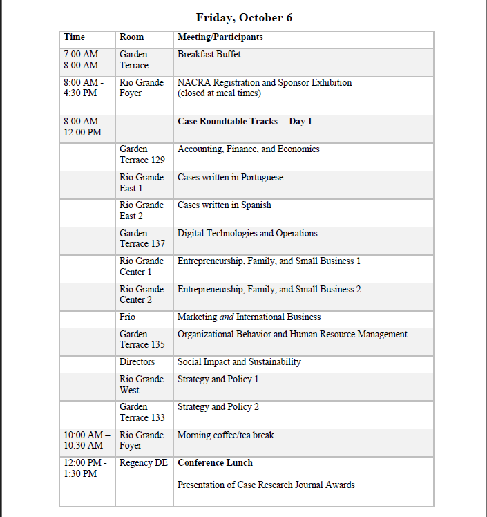 Conference Schedule - North American Case Research Association